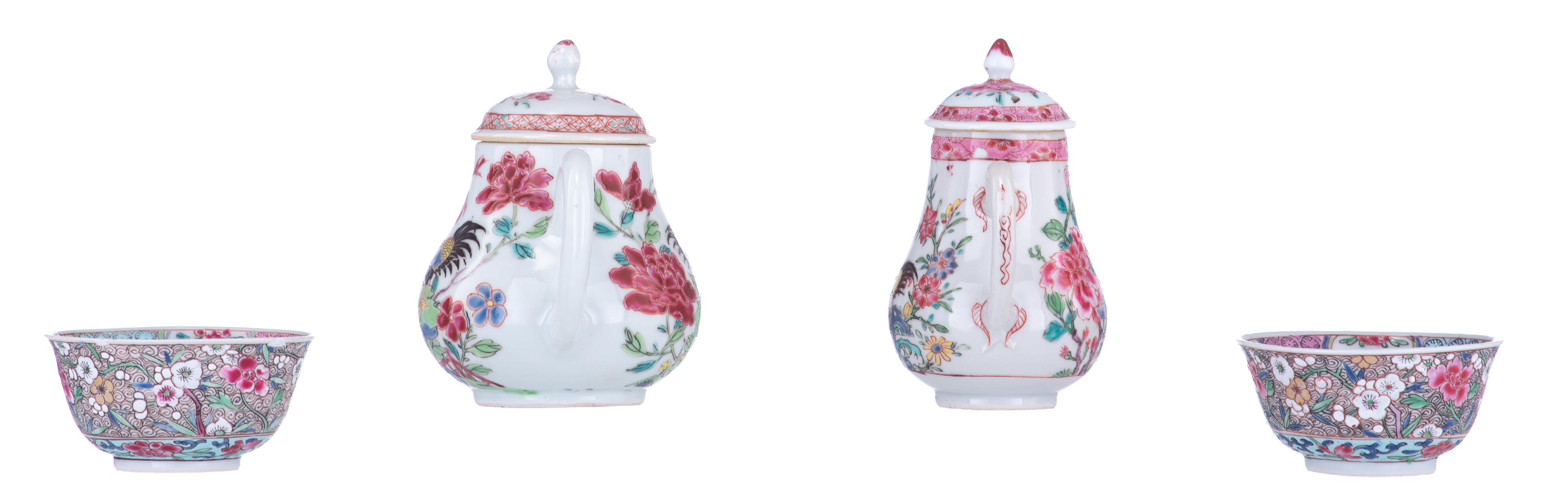 A Chinese famille rose export porcelain 'cockerel' teapot and sugar caster; added two ditto cups and - Image 3 of 7