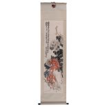 A Chinese scroll depicting flower bundles, with a signed text, watercolour on paper, 152 x 40,5 cm (