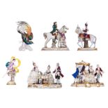 A collection of six polychrome and gilt decorated Saxony porcelain groups, consisting of a piano con