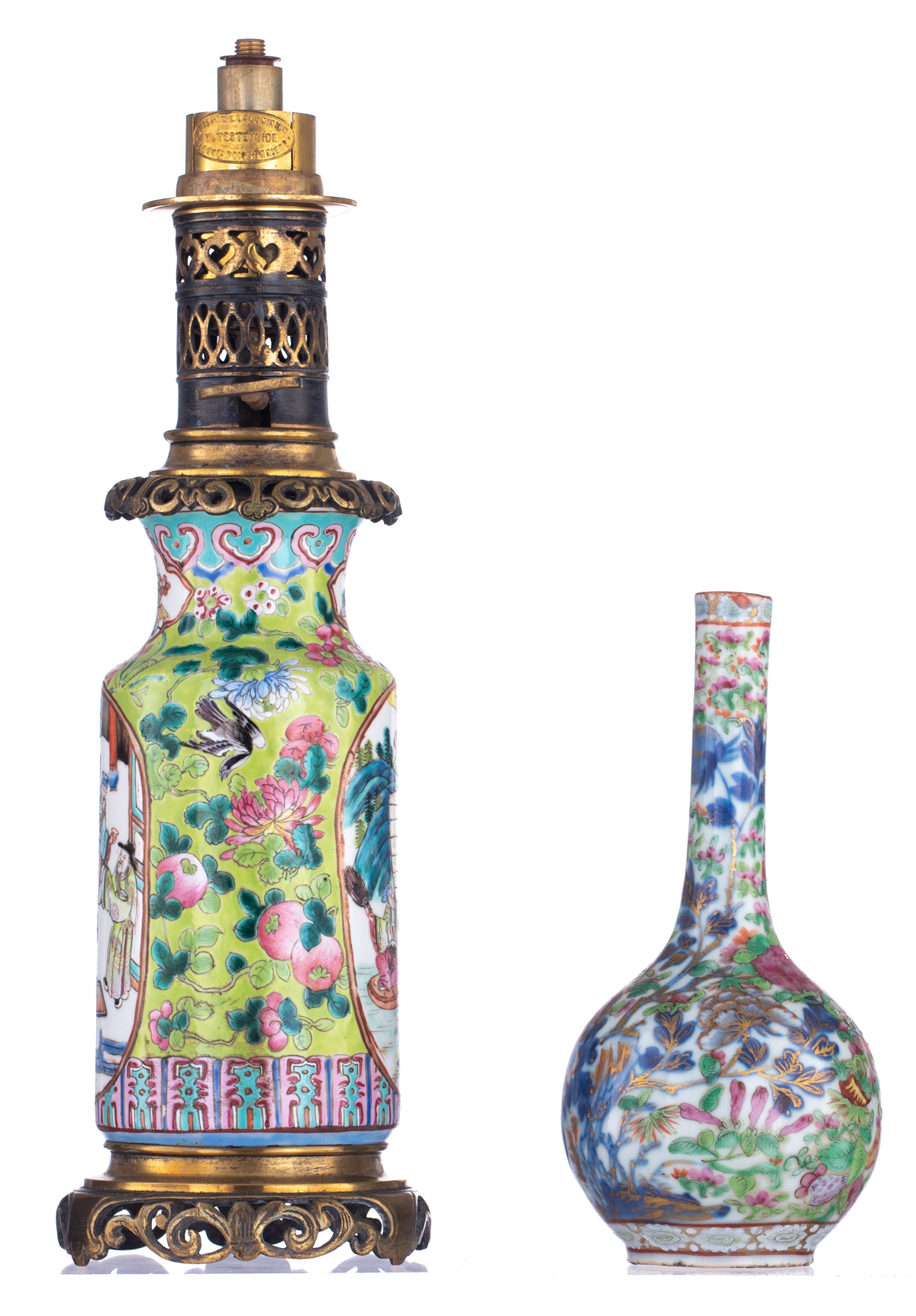 A small Chinese famille rose and gilt bottle vase, decorated with flowers and butterflies; added a d - Image 2 of 6