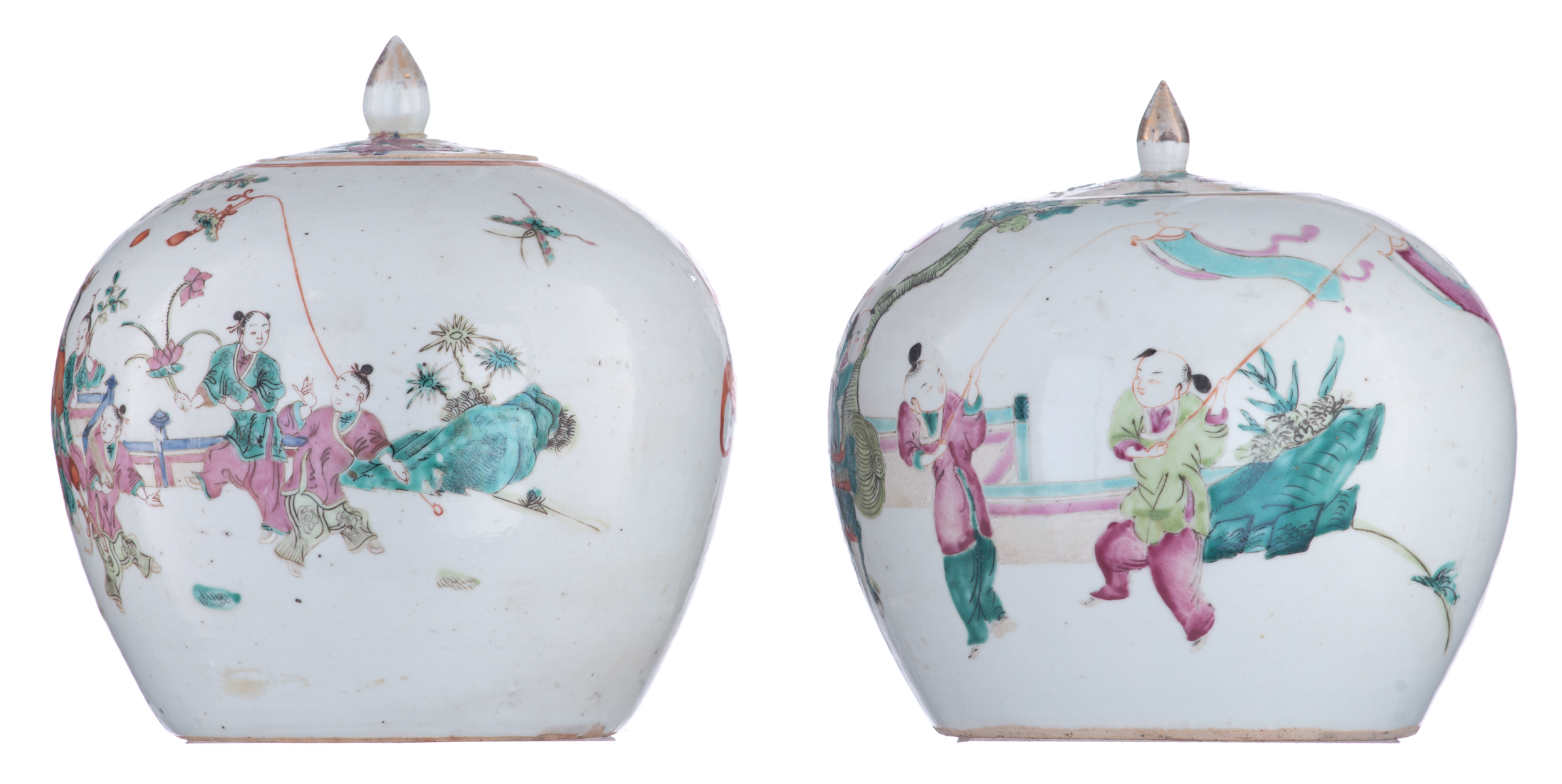A pair of Chinese famille rose ginger jars, decorated with playing boys in a garden, 19thC, H 23,5 c - Image 2 of 6