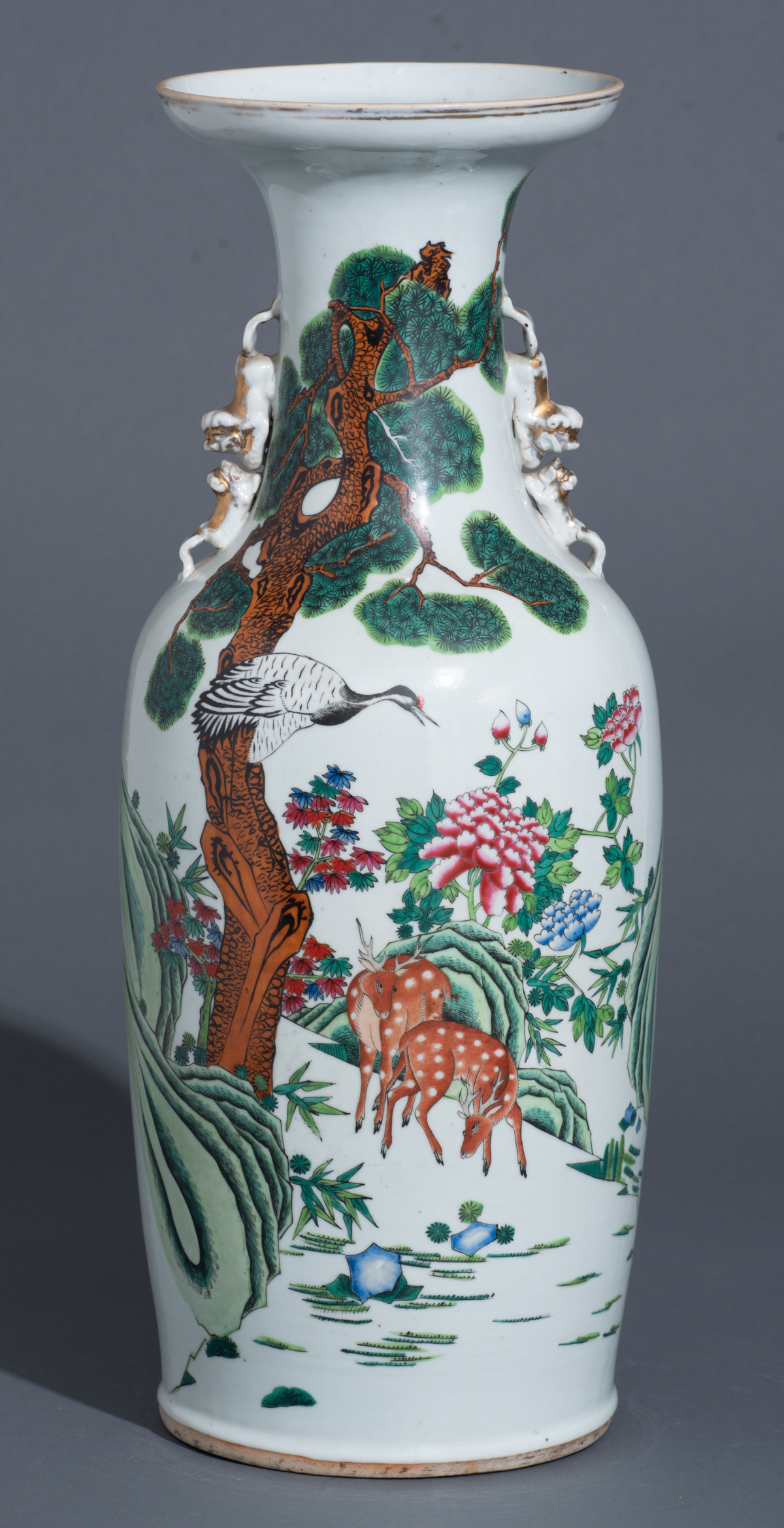 A Chinese polychrome vase, decorated with deer and a crane among rocks and flowers, the reverse with - Image 3 of 8
