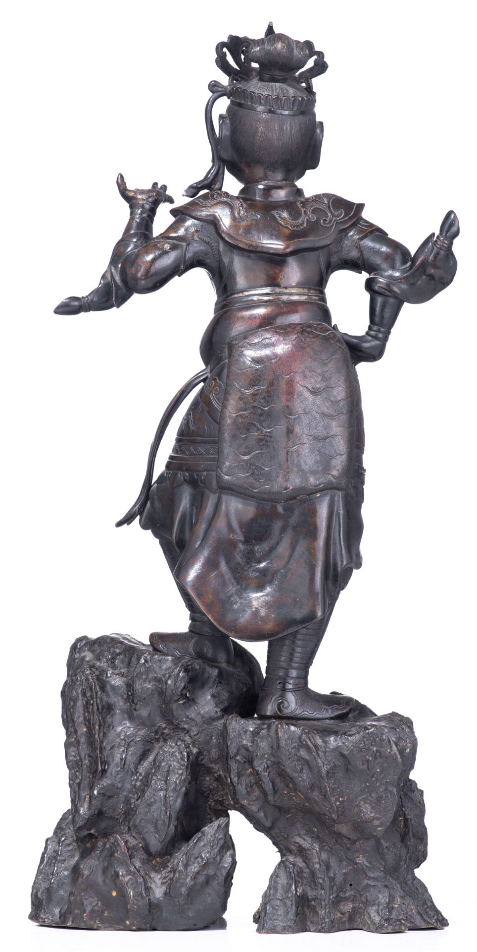 No visible signature, a Chinese temple guard, patinated bronze and semi-precious stone inlay, H 60,5 - Bild 3 aus 5