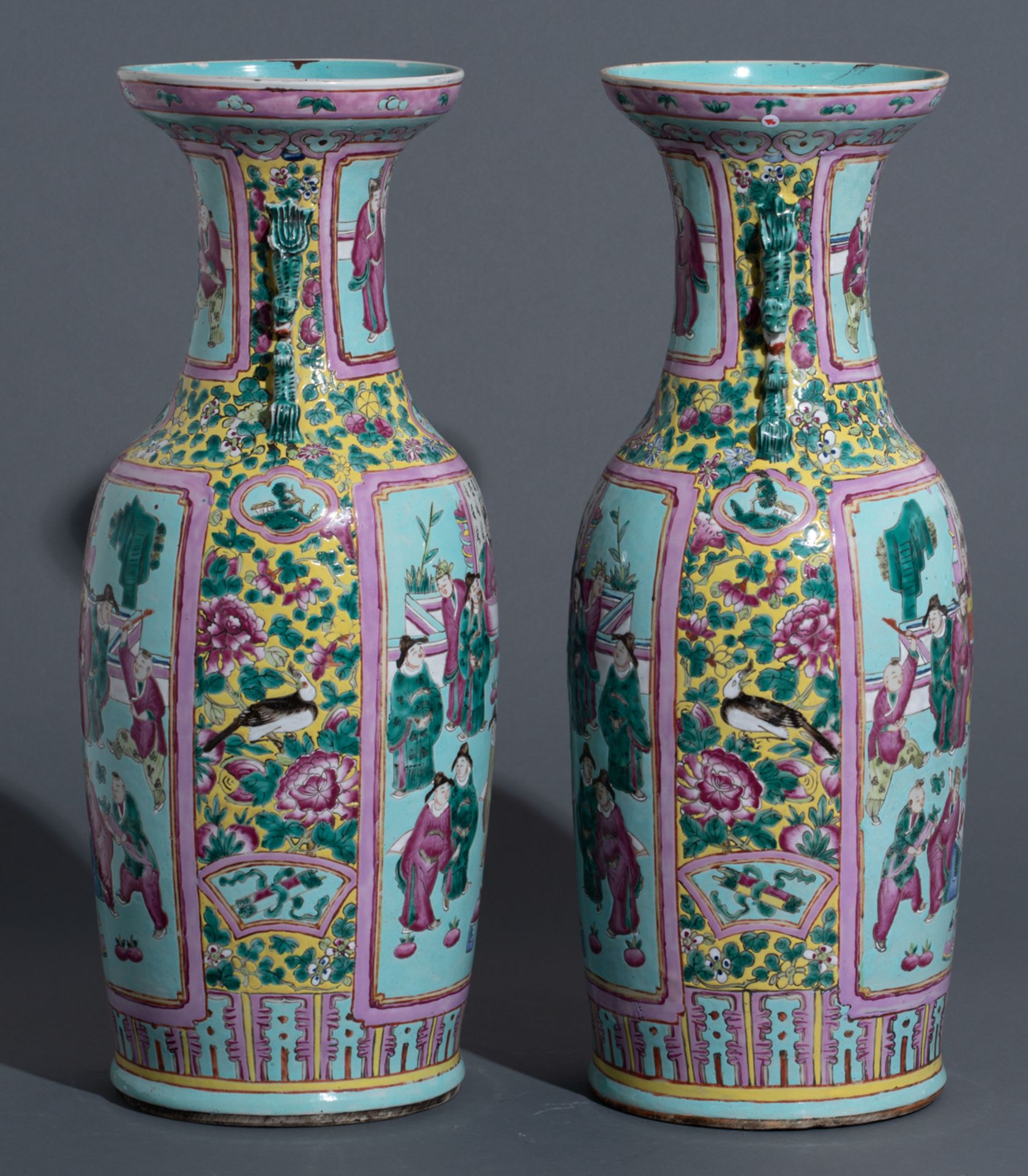 A pair of Chinese yellow and pale blue ground floral decorated famille rose vases, the panels with s - Image 4 of 8
