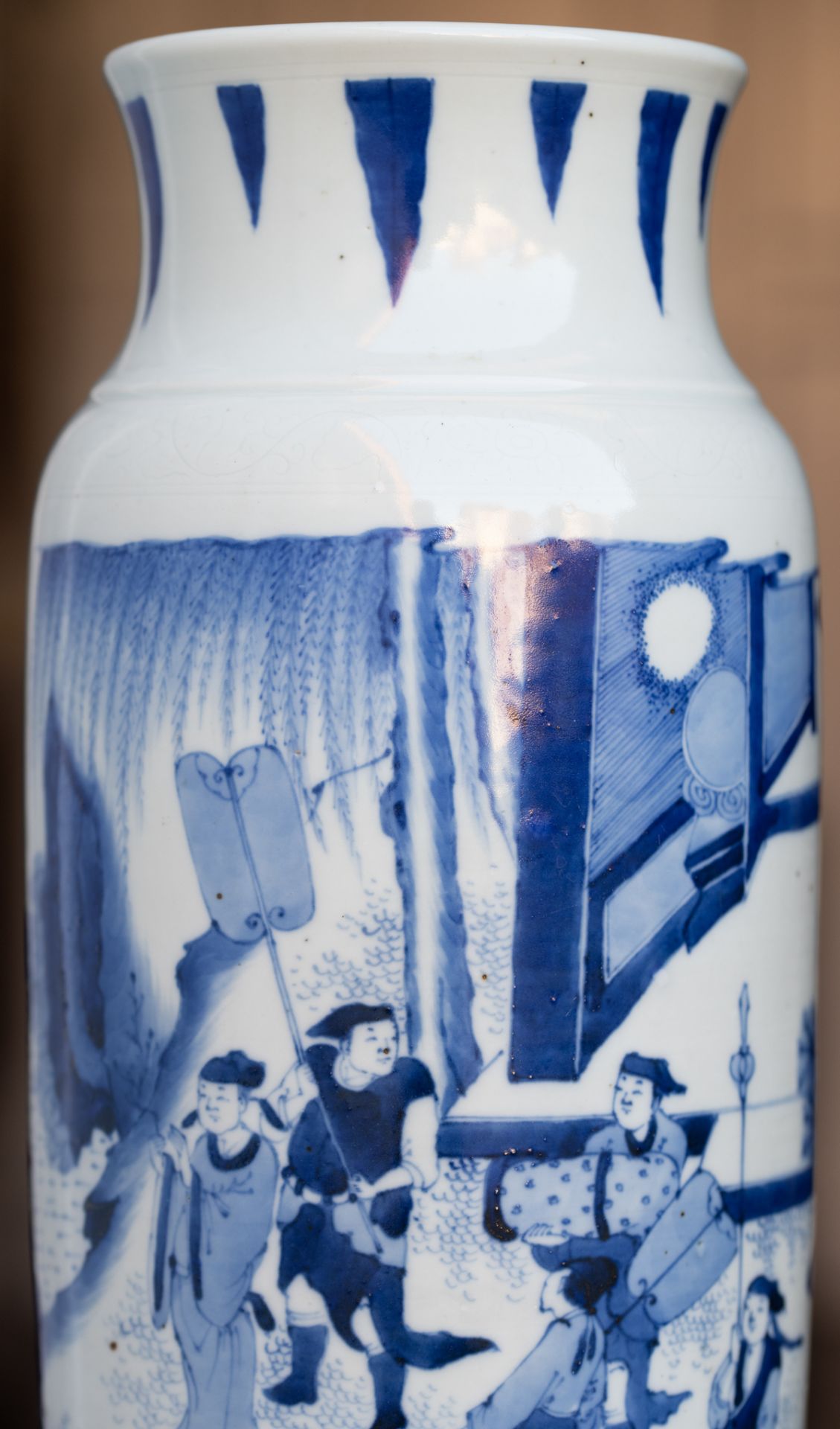 A Chinese Transitional period blue and white cylindrical vase with incised details, decorated with a - Image 18 of 22