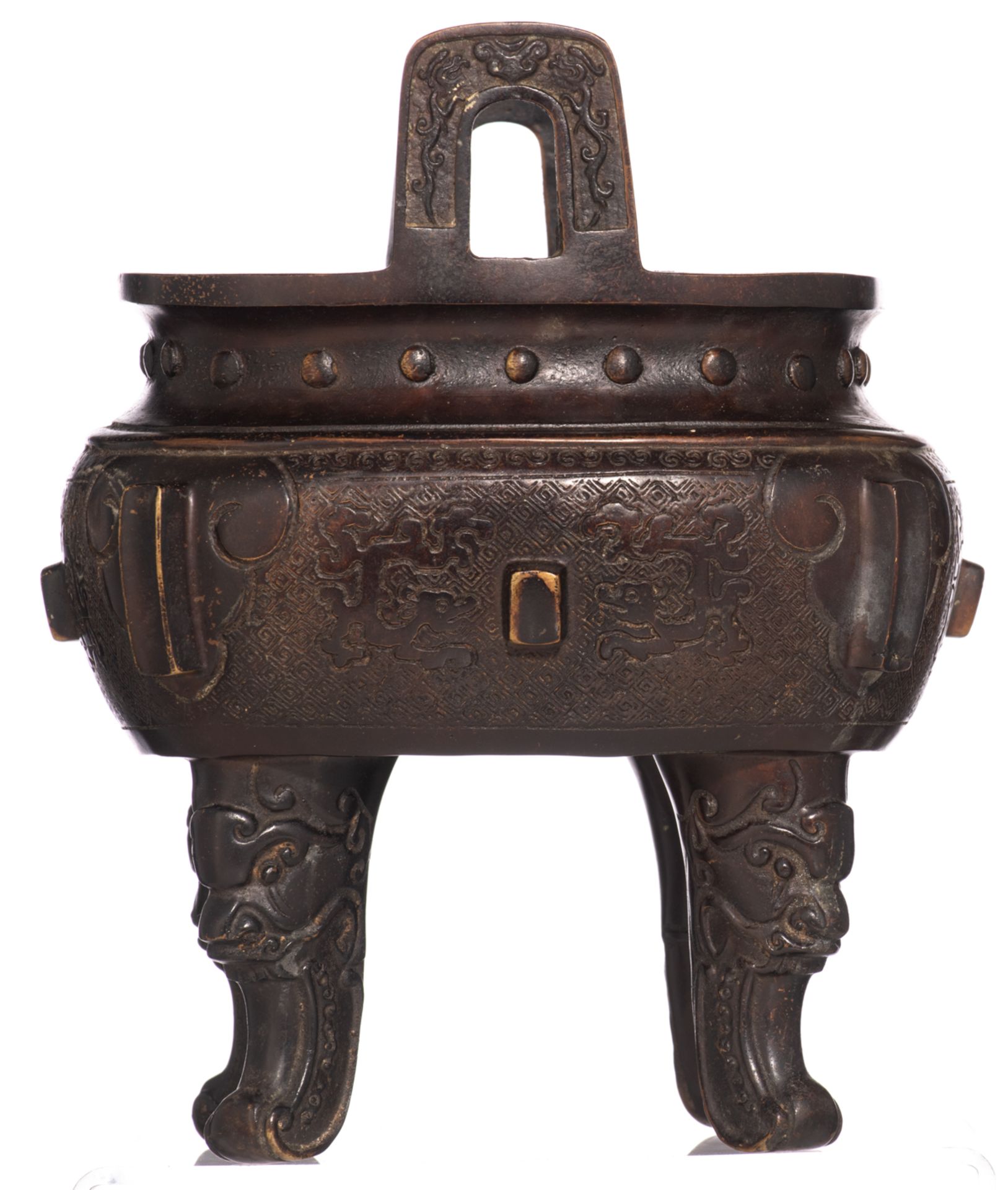 A Chinese archaic-style patinated quadrangular bronze incense burner, the legs mythical head-shaped, - Image 2 of 8