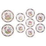 A set of nine (Chelsea) porcelain gold anchor marked polychrome and gilt decorated porcelain dishes