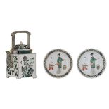 Two Chinese famille verte trays, decorated with a beauty and a boy; added a ditto biscuit fang-hu te
