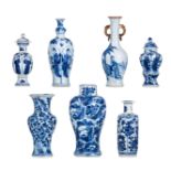 Four Chinese blue and white Kangxi period 'Long Elisa' miniature vases and three ditto floral decora