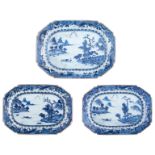 Three Chinese blue and white Nanking porcelain plates, decorated with a river landscape, 18thC, W 21