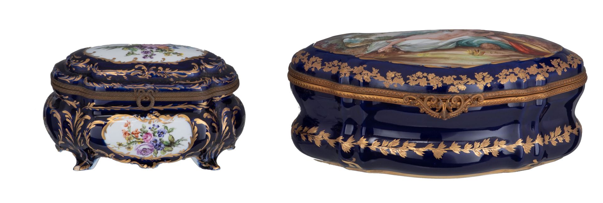 A covered bleu royale ground Sèvres box with gilt bronze mounts, the roundel polychrome decorated wi