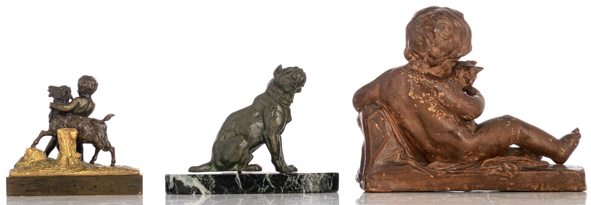 No visible signature, a putto playing with a goat, patinated and polished bronze, 19thC, H 17 cm (in - Bild 4 aus 6