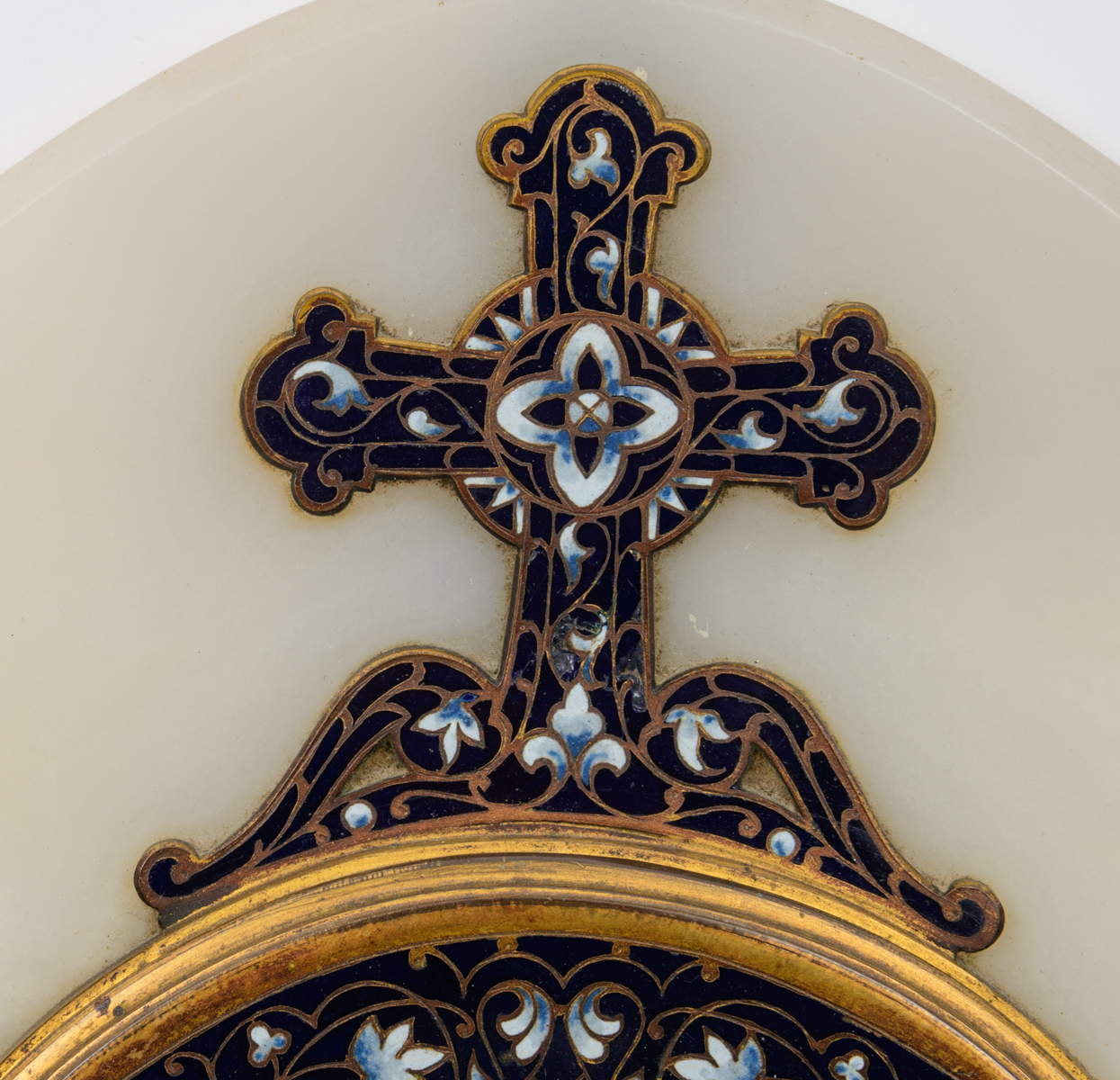 A French champlevé Holy Water font on an onyx marble, with a central hand-painted porcelain plaque, - Image 4 of 5