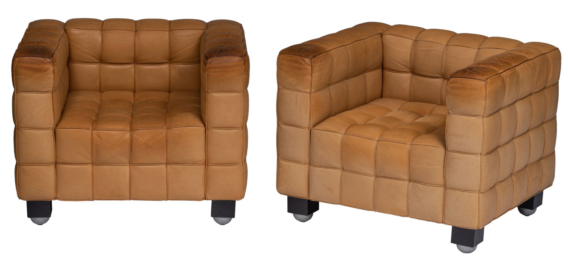 A pair of leather upholstered Kubus Armchairs, design by Josef Hoffmann for Wittmann Austria, the '8