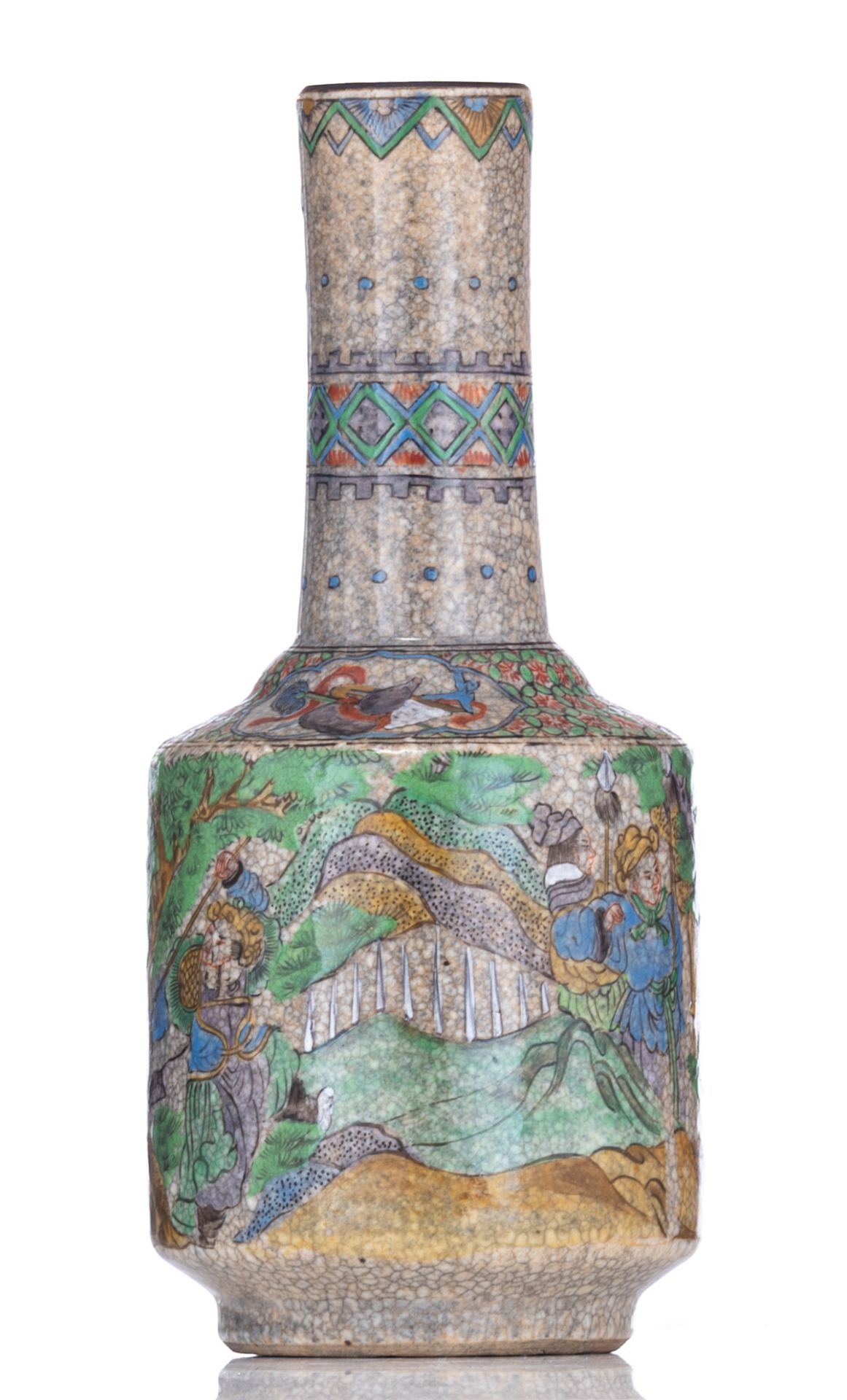 A Chinese polychrome stoneware vase, overall decorated with warrior scenes, H 22,5 cm - Image 4 of 7