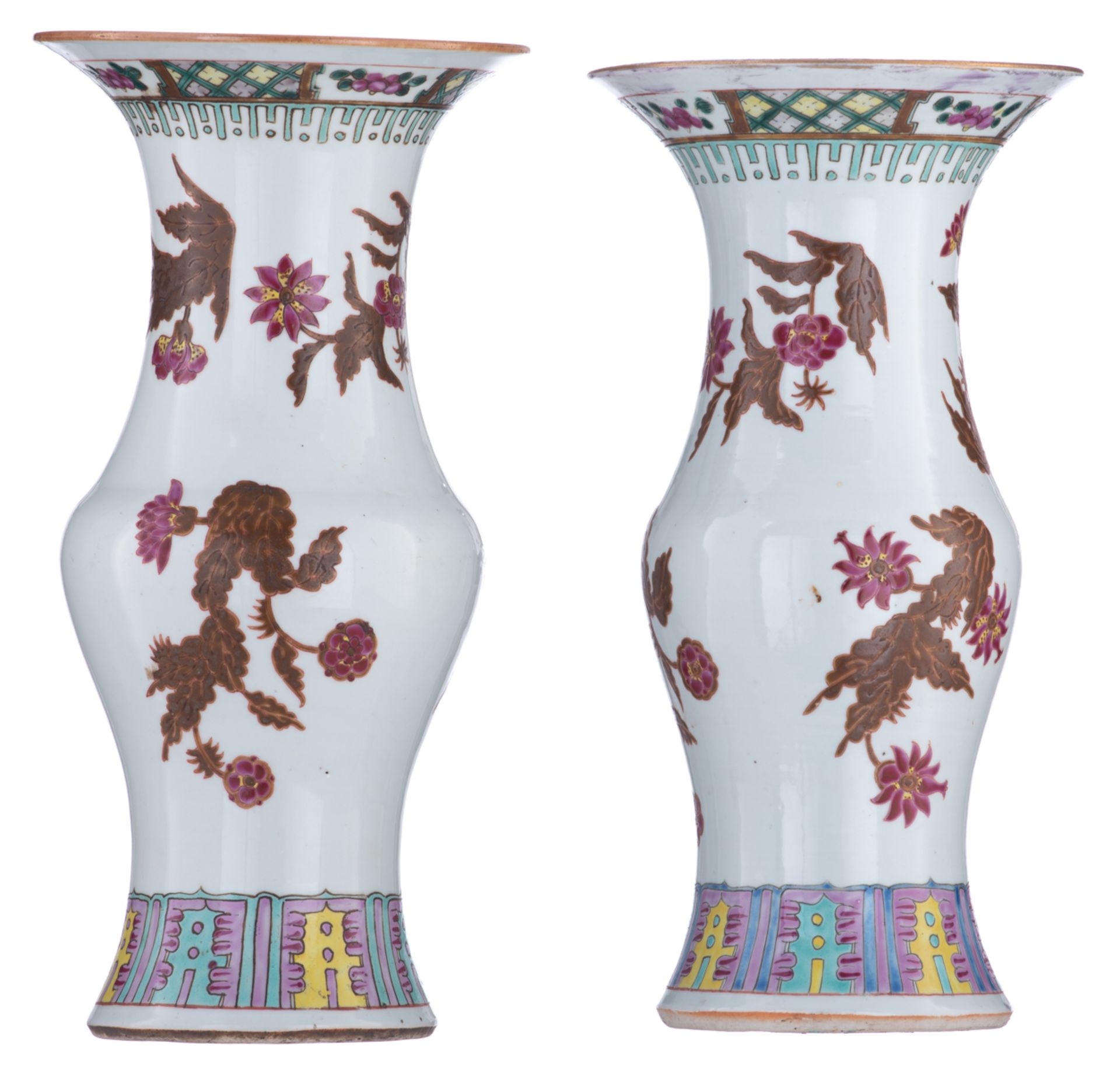 Two Chinese polychrome and famille rose floral decorated yenyen-vases, H 37 - 38 cm - Image 4 of 6