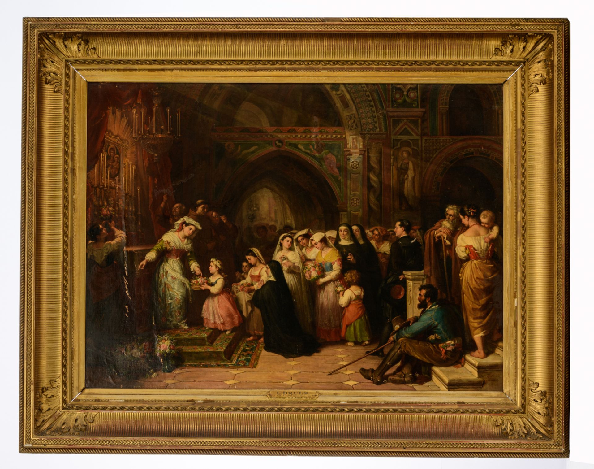 Bruls L., the worship of the Holy Mother in the church, signed and dated 'Rome, 1867', oil on canvas - Image 2 of 10