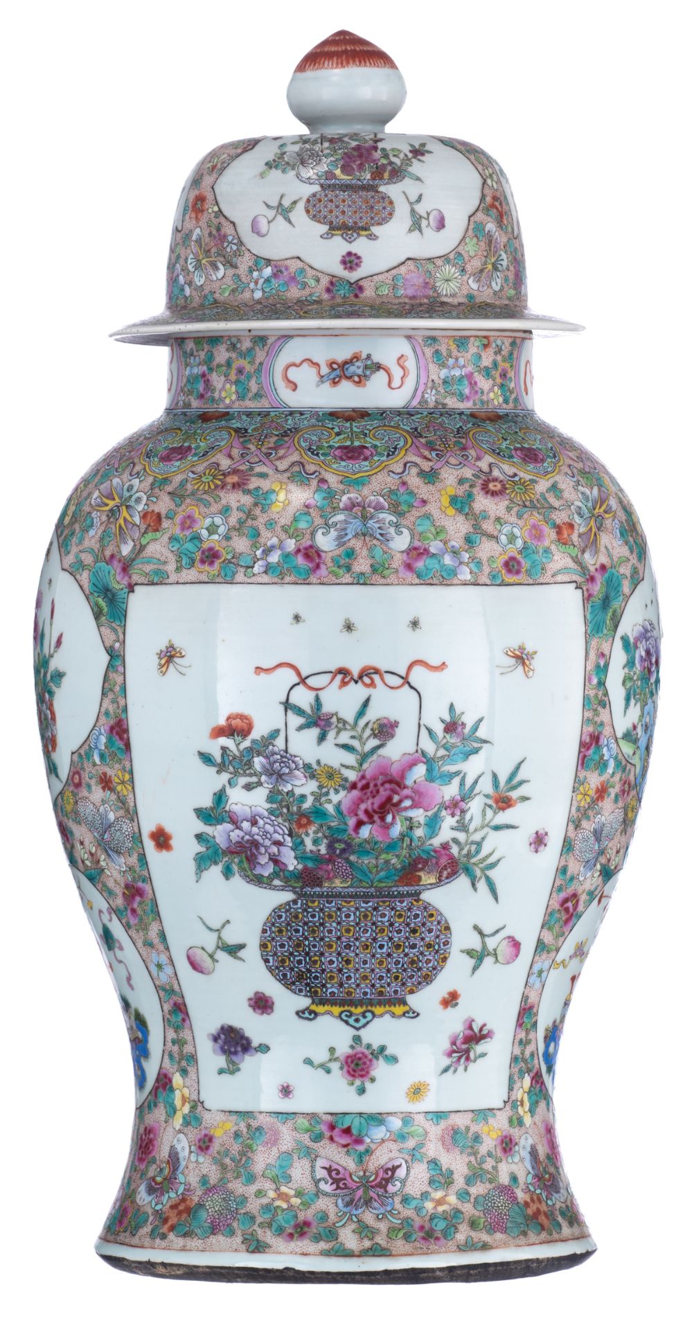 An impressive Chinese famille rose vase with cover, all over decorated with flowers and butterflies,