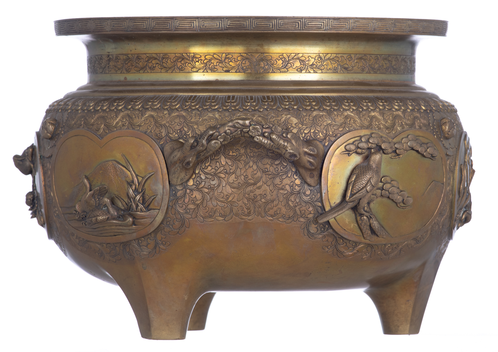 A Chinese relief decorated bronze tripod incense burner, the panels with birds, flowers and a dragon - Image 4 of 7