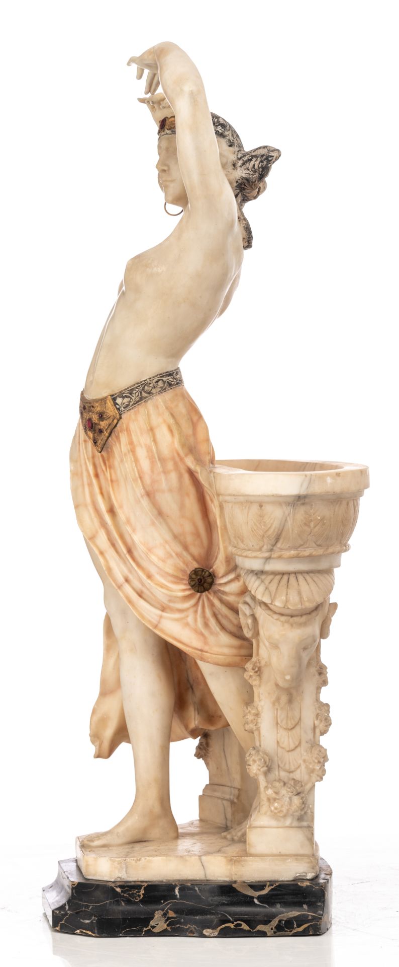 No visible signature, an Oriental harem dancer, a Carrara marble sculpture with gilt bronze mounts a - Bild 3 aus 5