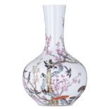 A Chinese famille rose 'magpie and prunus' bottle vase, decorated with blossoming flower branches an