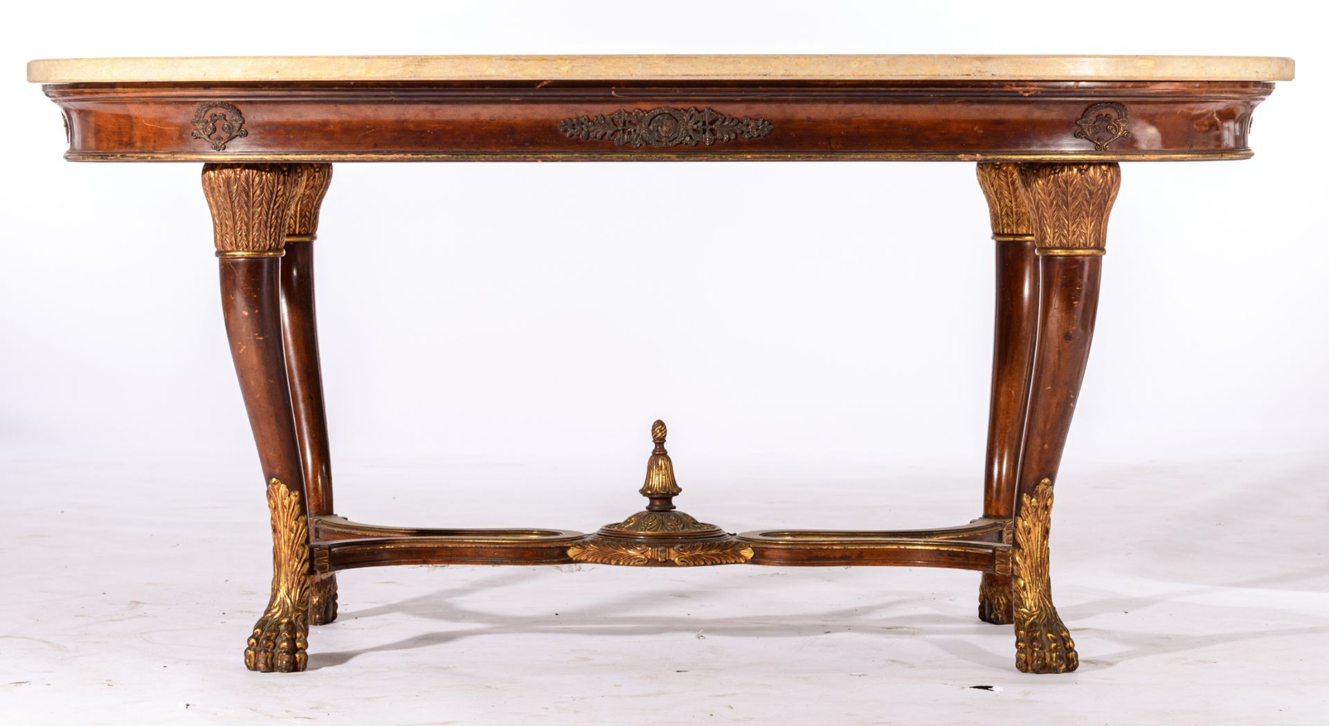 A gilt and mahogany veneered French Restauration style centre table, on claw-and-ball feet, with gil - Image 4 of 6