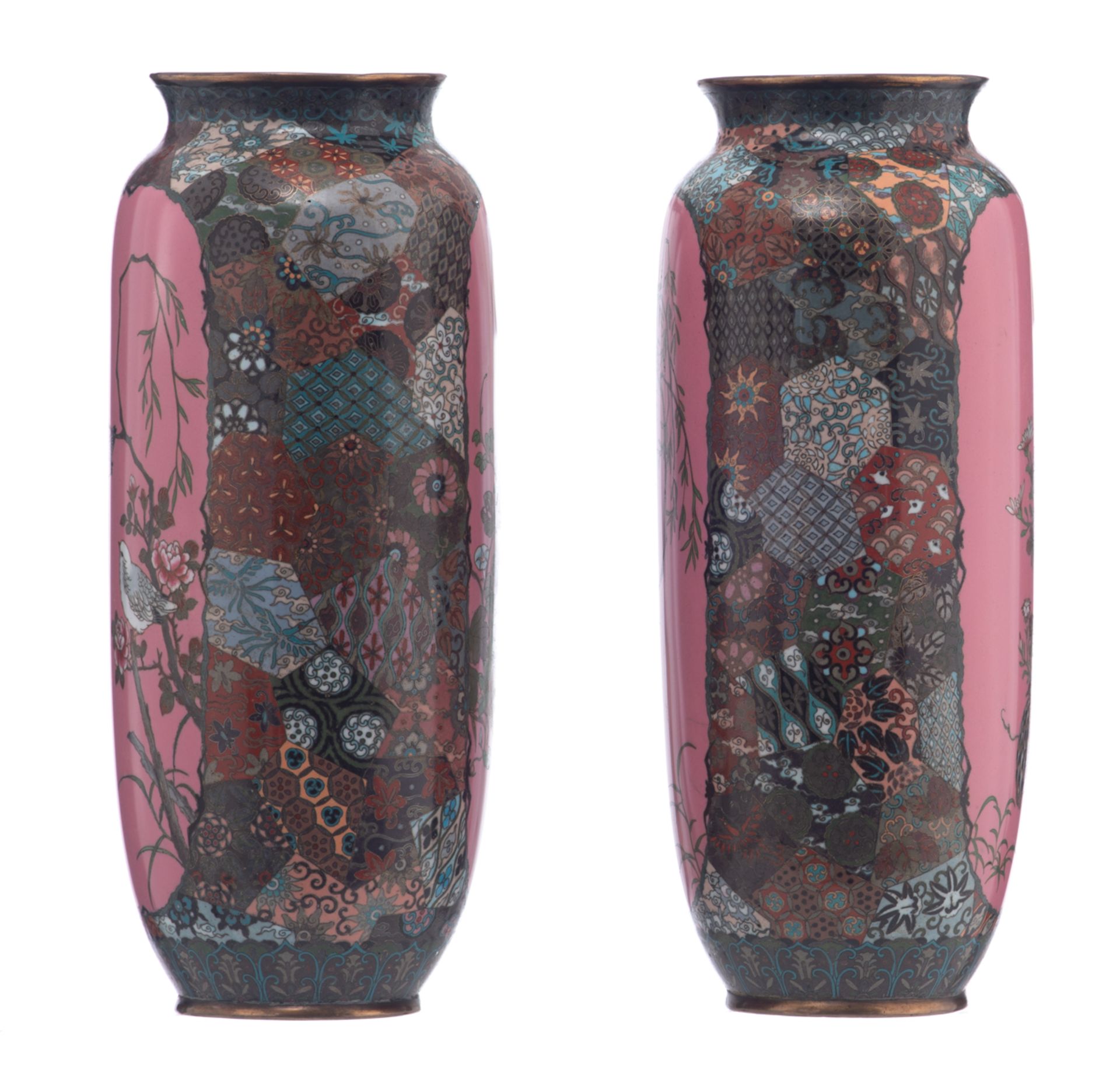 Two Japanese cloisonné enamel vases, floral decorated with geometric motives, the panels pink ground - Image 4 of 7