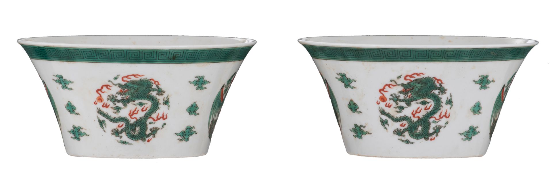 Two Chinese famille verte 'dragon and phoenix' bowls, the inside decorated with a stylised Shou-sign