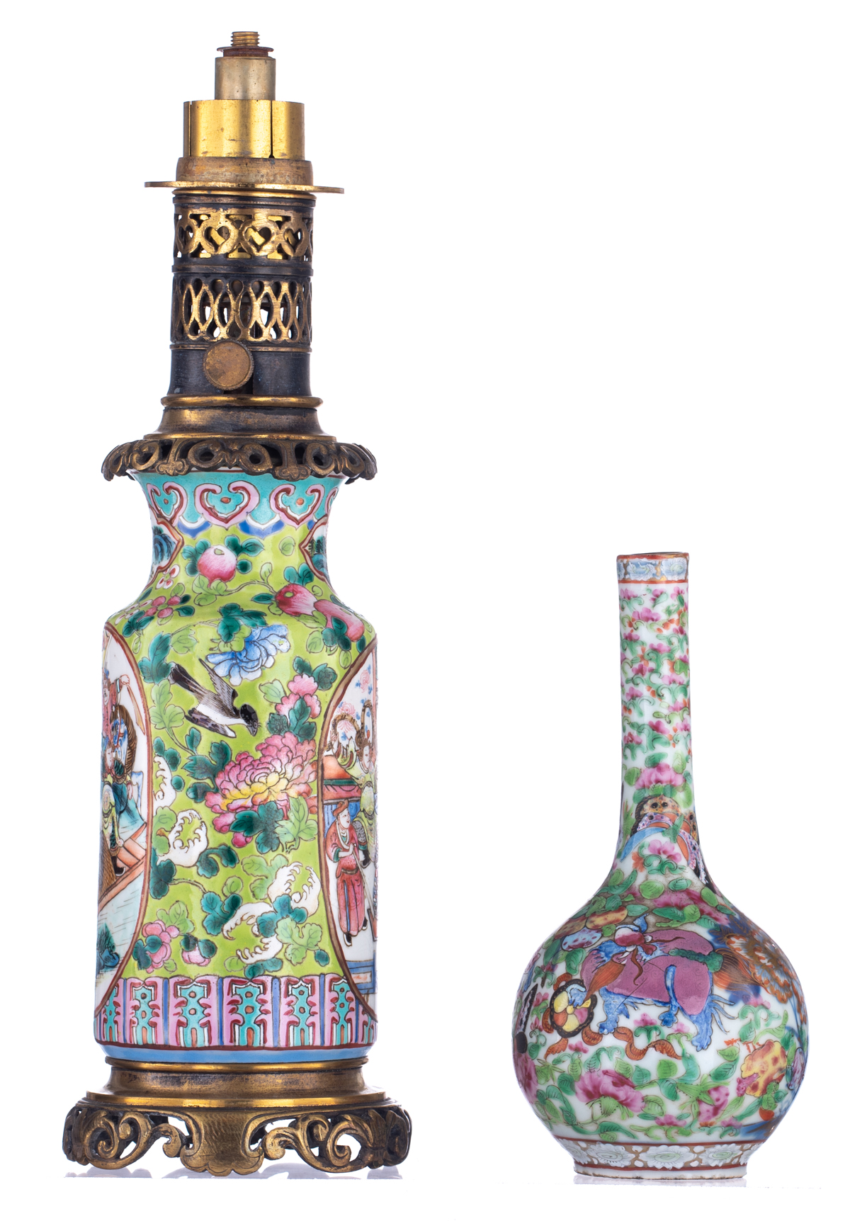 A small Chinese famille rose and gilt bottle vase, decorated with flowers and butterflies; added a d - Image 4 of 6