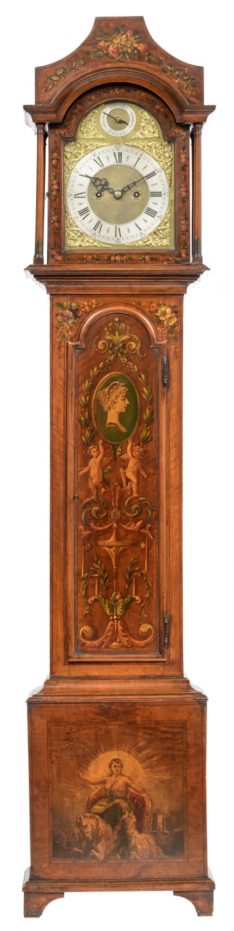 A fine mahogany veneered Victorian longcase clock, polychrome decorated with handpainted grotesques,