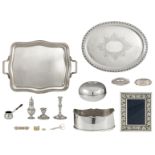 A varied lot of silver and silver-plated items: an Italian sterling silver photo frame, 23 x 28 cm,