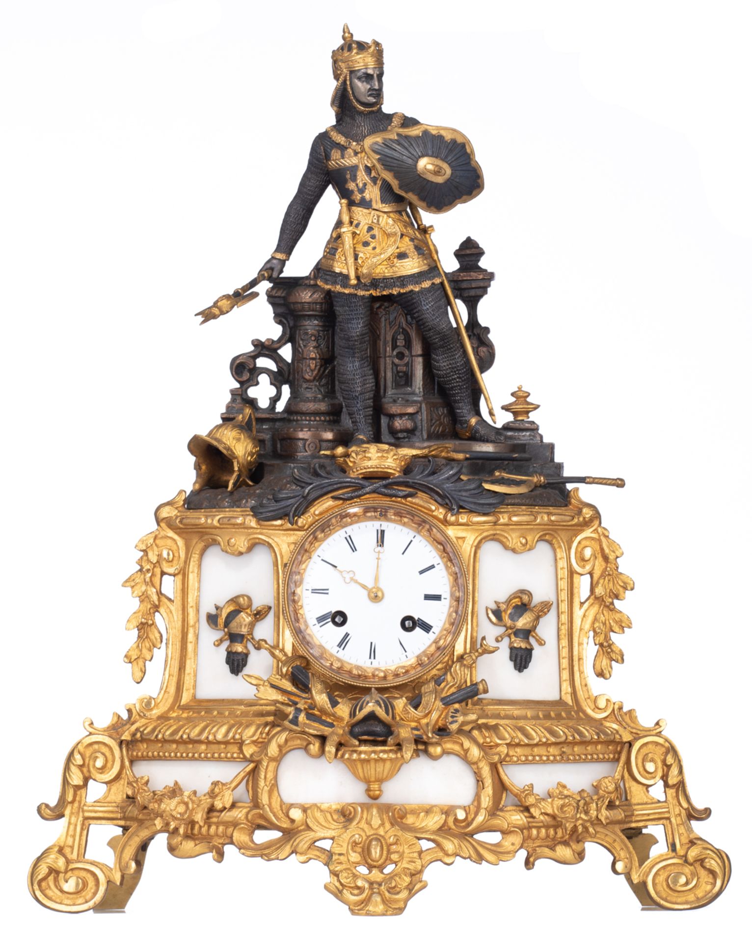 A 19thC French gilt and patinated bronze mantel clock with Carrara marble plaques, and on top a well - Bild 2 aus 7