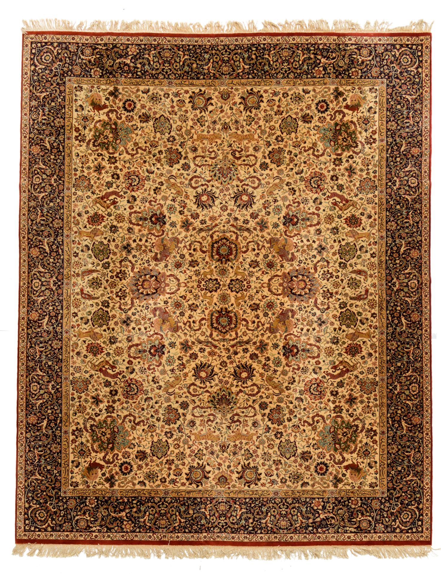 A large Oriental Keshan woolen rug, finely decorated with hunting lions, tigers, leopards and other