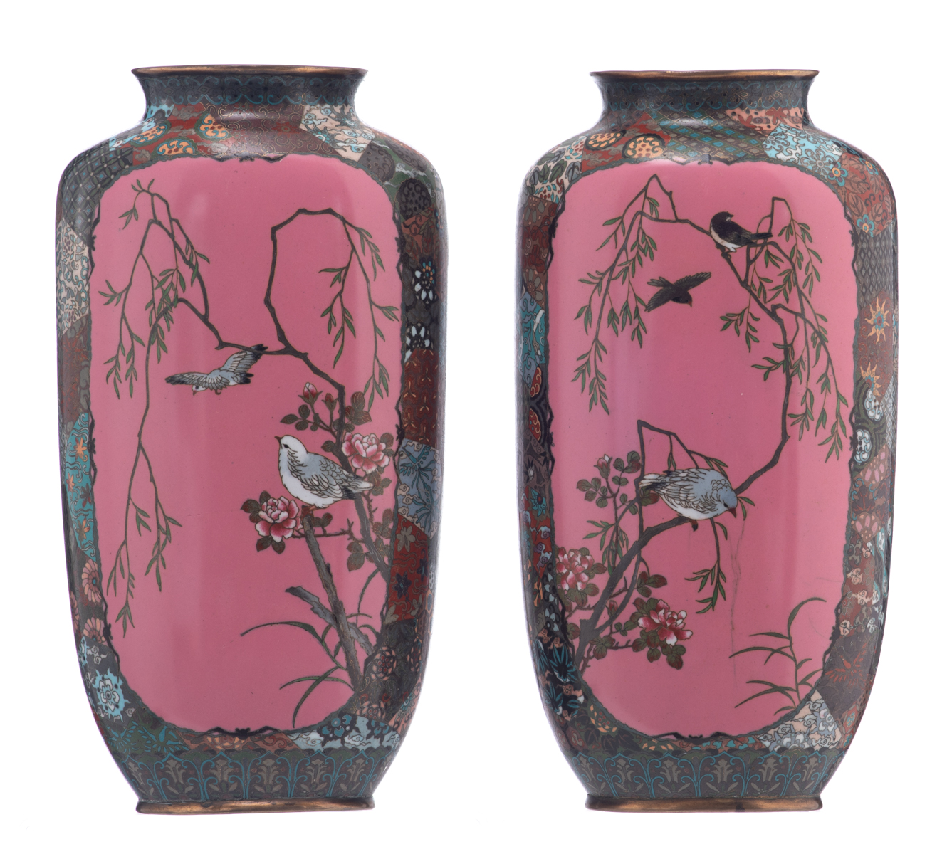 Two Japanese cloisonné enamel vases, floral decorated with geometric motives, the panels pink ground - Image 3 of 7