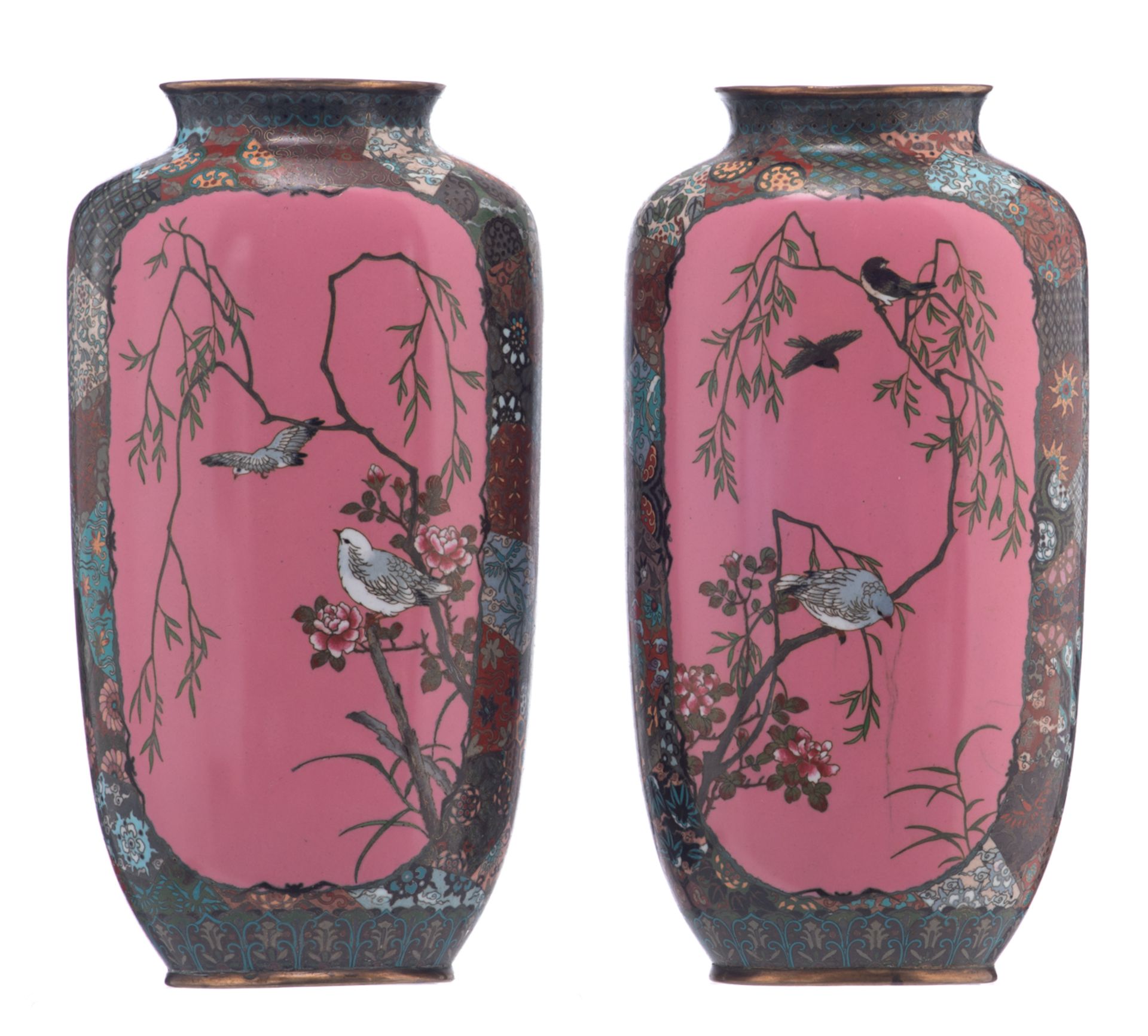 Two Japanese cloisonné enamel vases, floral decorated with geometric motives, the panels pink ground - Image 3 of 7