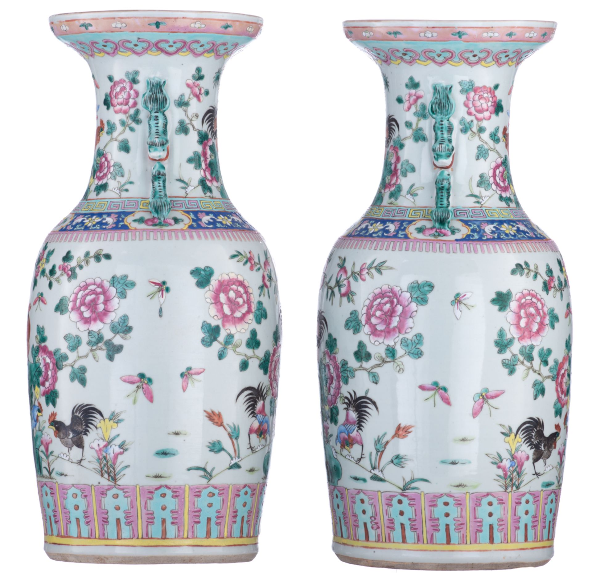 A pair of Chinese famille rose vases, decorated with cockerels under a peach tree, paired with Fu li - Image 2 of 6