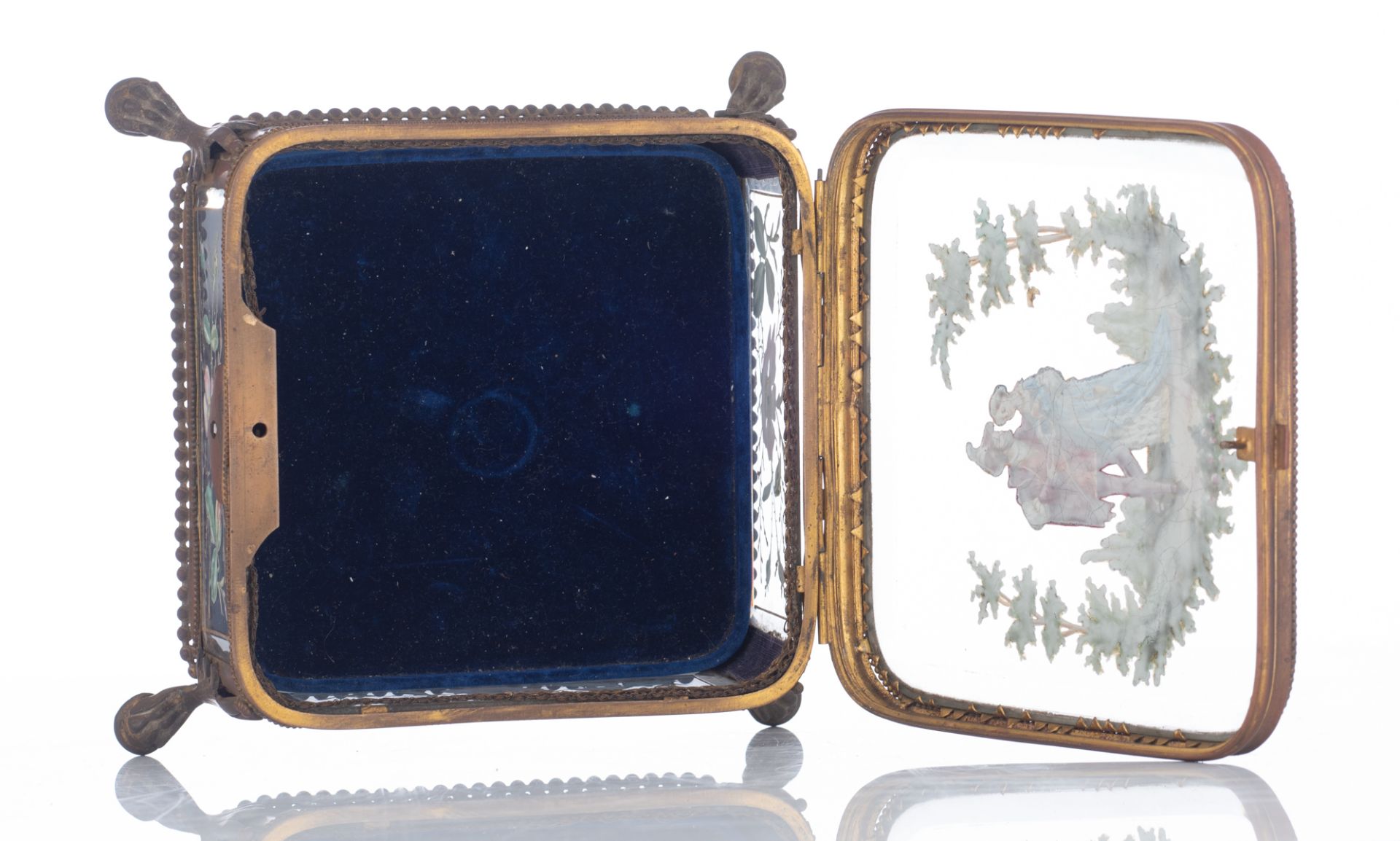 A French rectangular glass and brass mounted jewelry storage box, the glass with biased margins and - Image 7 of 12