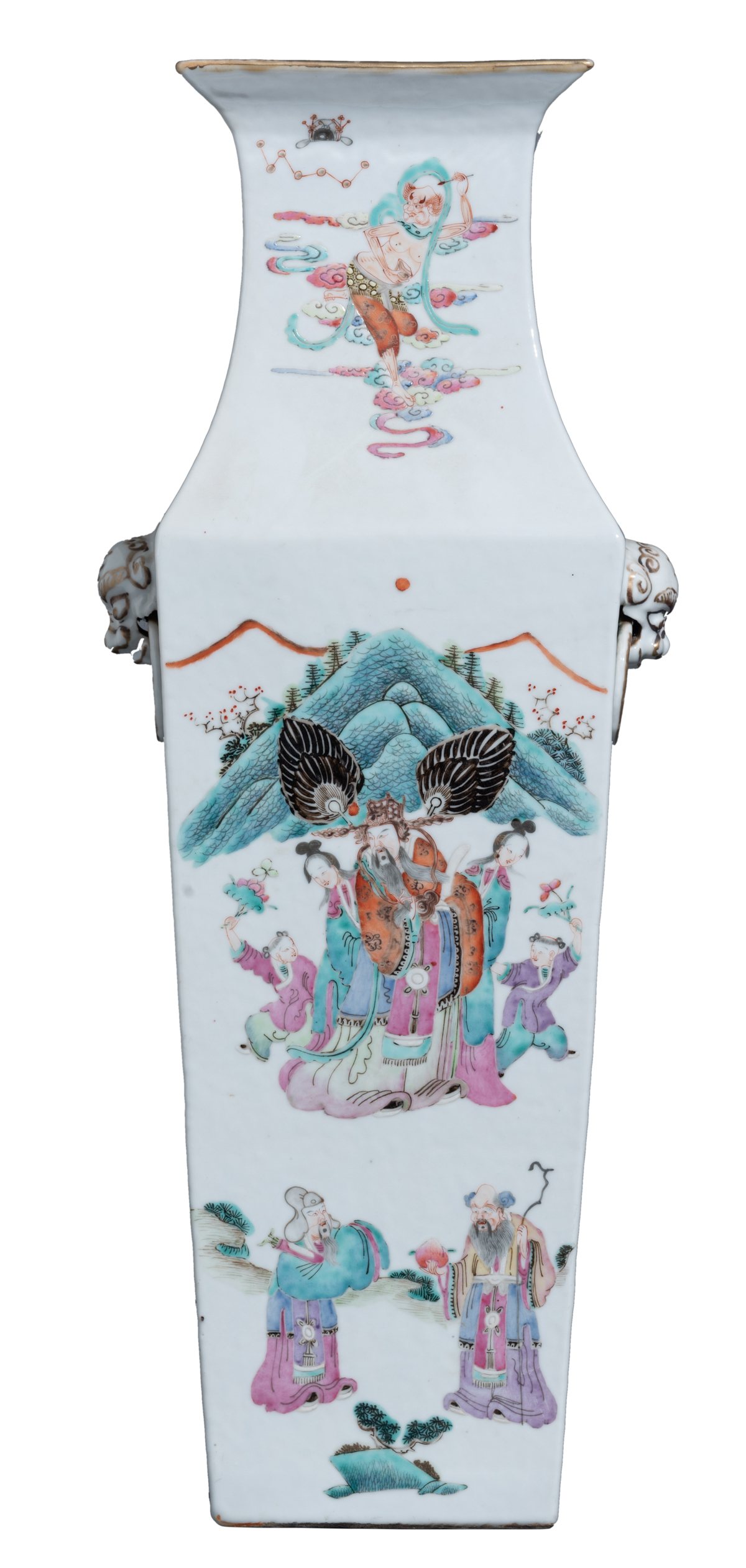 A Chinese famille rose fanghu vase, decorated with the Eight Immortals, paired with Fu-lion head han