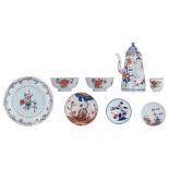 Eight Chinese Imari floral decorated export porcelain items, a coffee pot and a cup, a dish, three s