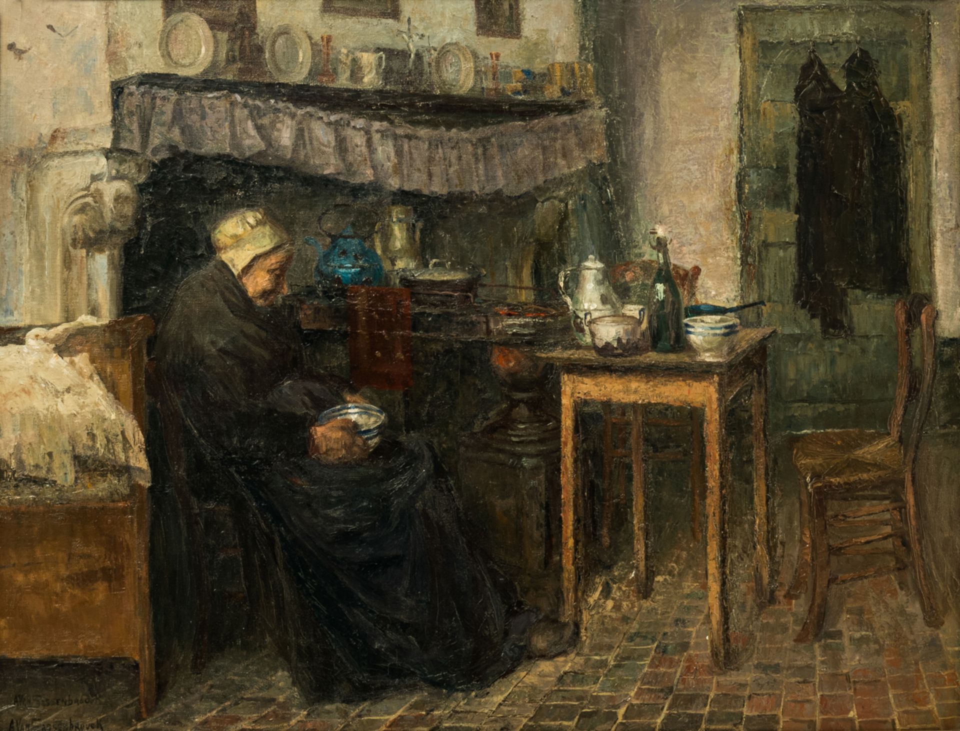Van Sassenbrouck A., an old woman in an almshouse interior, oil on canvas, 71,5 x 92,5 cm