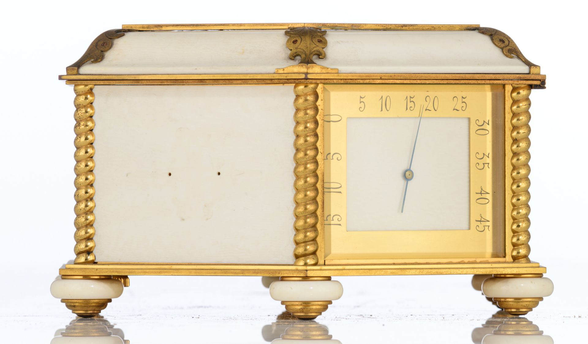 A combined hexagonal box containing a jewelry store-compartment, a table clock and a barometer, gilt - Image 3 of 9