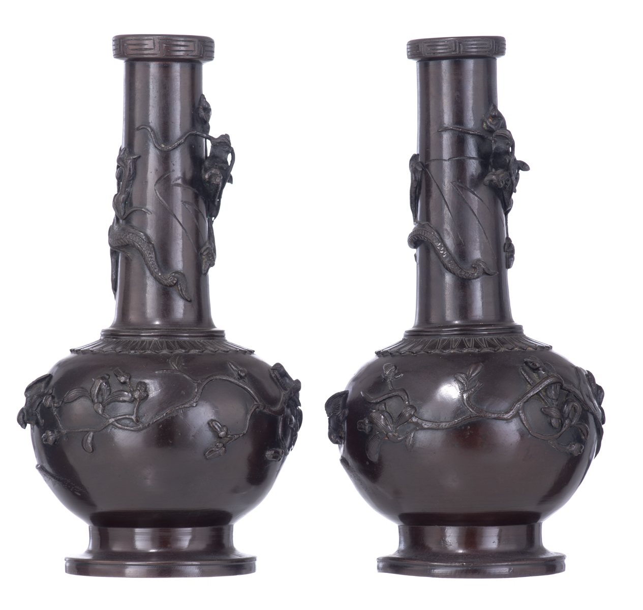 A pair of East Asian patinated bronze vases, relief decorated with a dragon and birds sitting on bra - Image 4 of 5