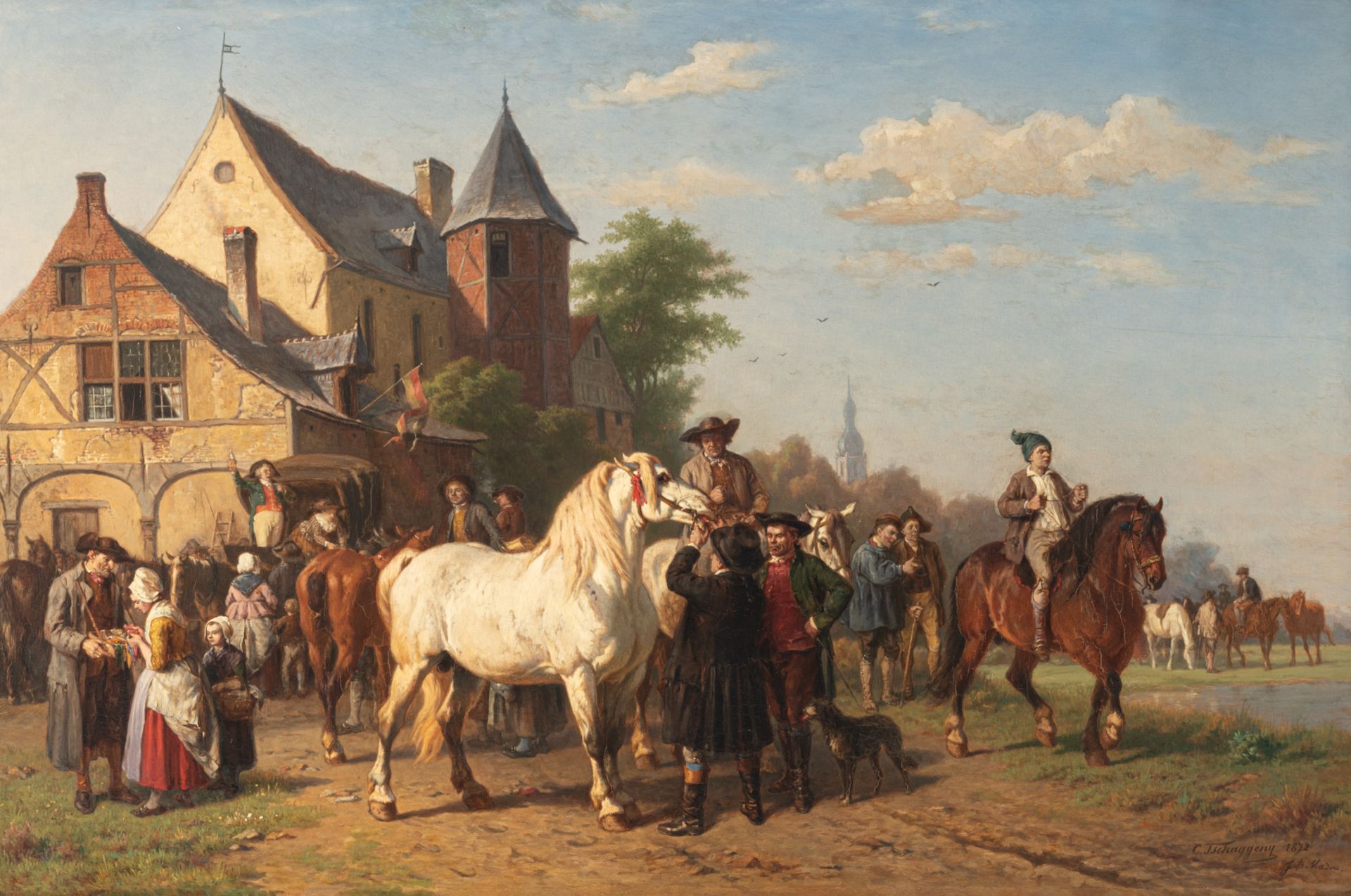 Tschaggeny C. / Madou J.B. dated 1872, horse dealers inspecting the horses at an annual market in a