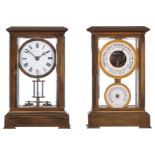 A duo set of a torsion pendulum clock and its matching barometer,  the enameled dial of the clock ma