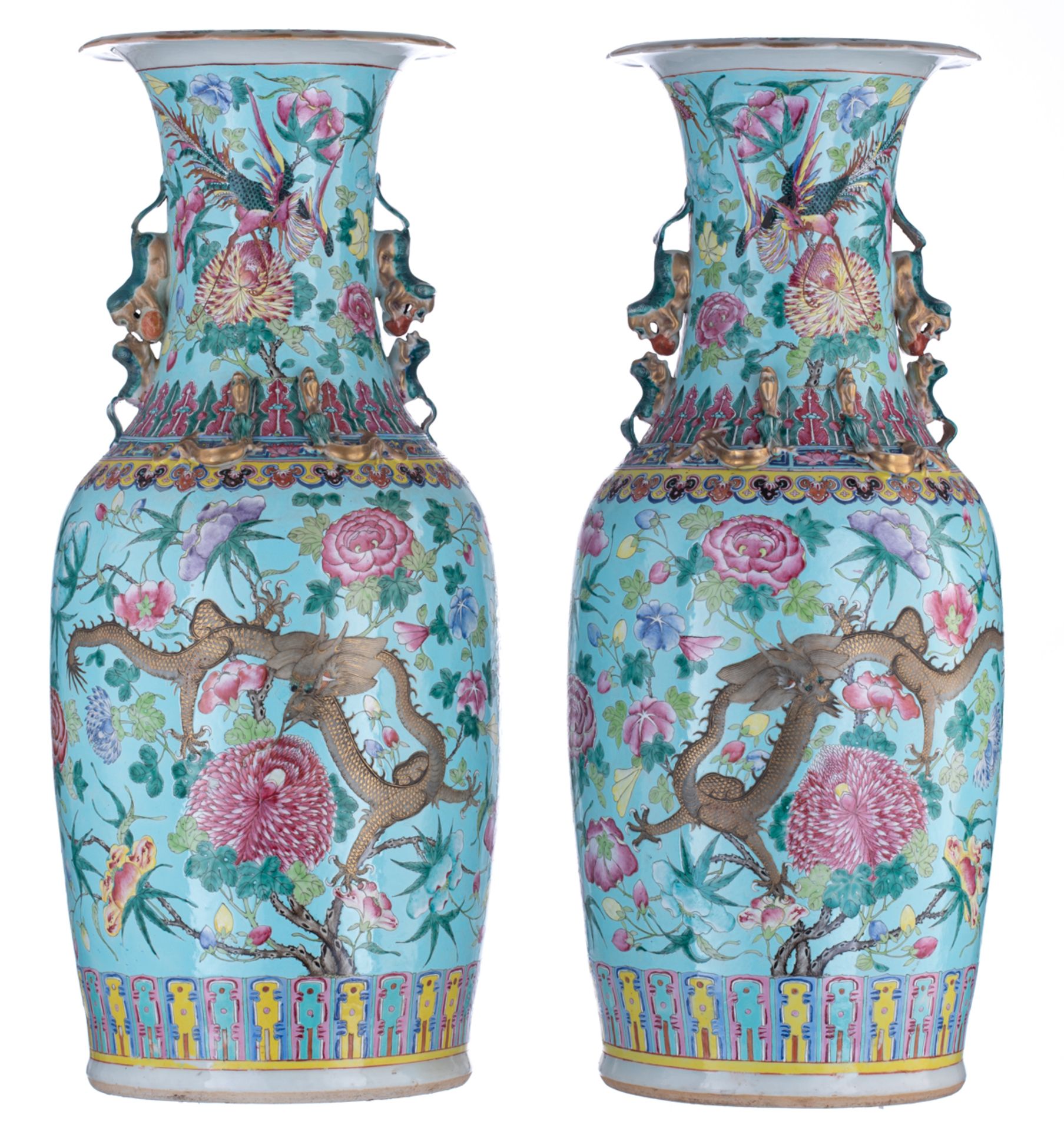 A pair of large Chinese turquoise ground and polychrome vases, decorated with flowers, dragons and p - Bild 3 aus 13