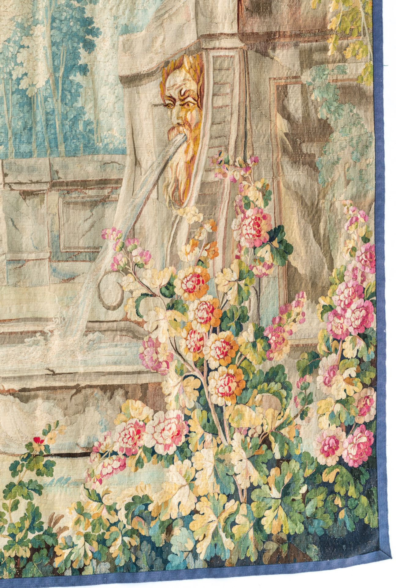 A fragment of a Beauvais wall tapestry, depicting a squirting fountain in an Italianate flower garde - Image 8 of 8