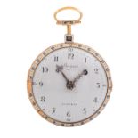 An 18ct gold 'Breguet à Paris' pocket watch with enamelled key-wound dial, silver hands, set with se