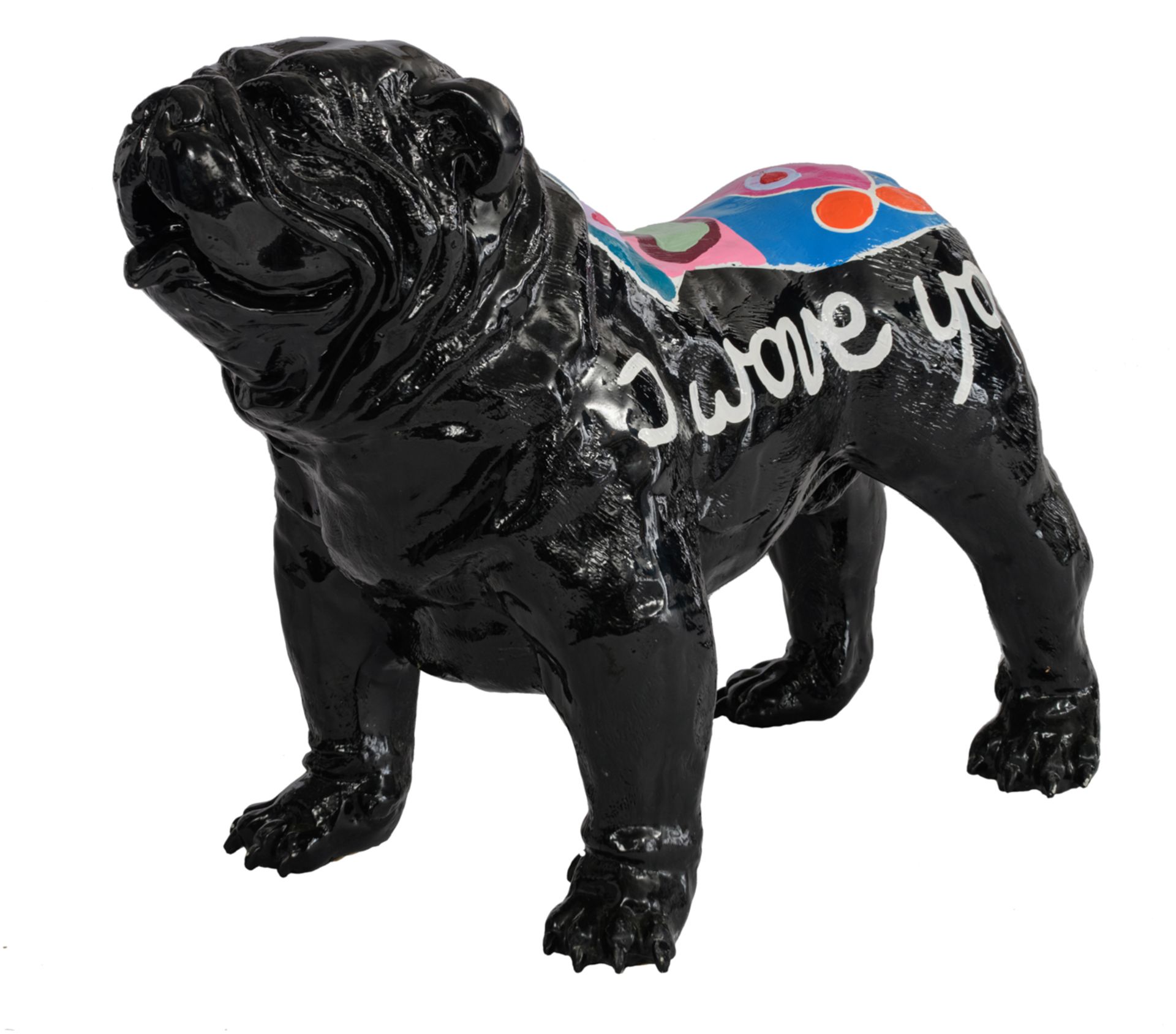 D’Haese H., 'I love you', a polychrome painted black polyester sculpture of a bulldog, H 70 - W 90 c