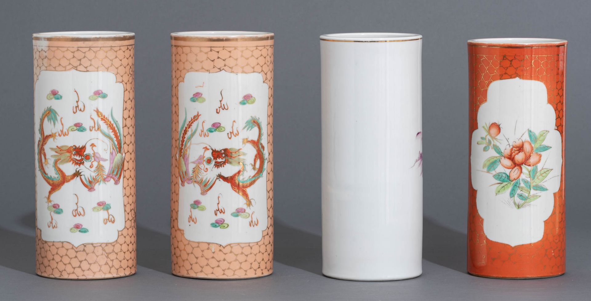 A pair of Chinese orange cylindrical vases - Image 4 of 10
