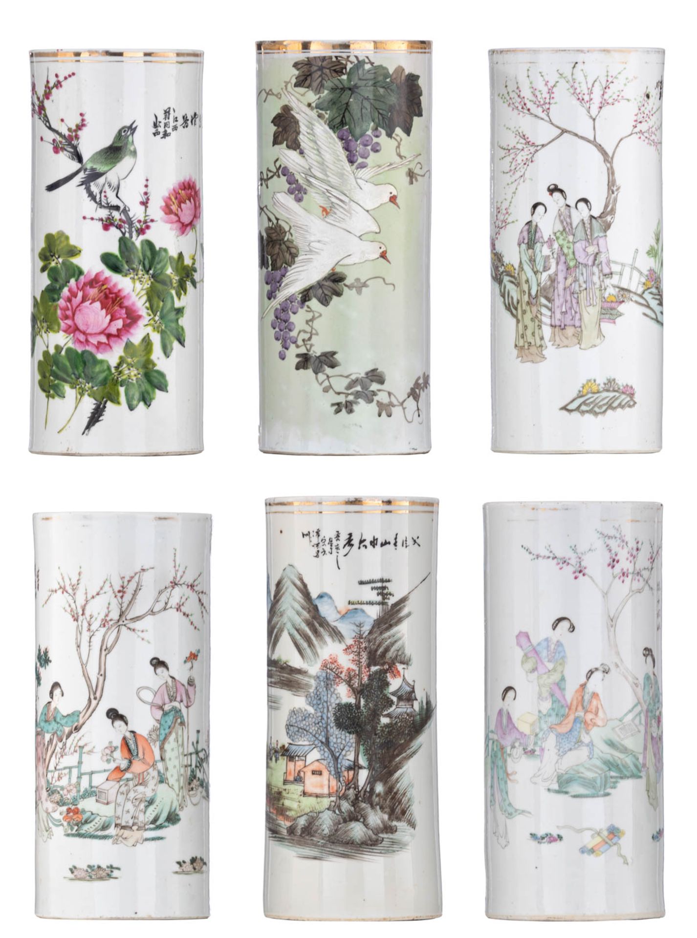 Six Chinese polychrome decorated cylindrical vases